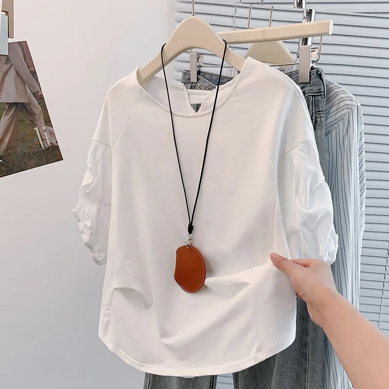 Estate New Sle Fat MM Faionable Color Blo ort Sve T-shirt in cotone di grandi dimensioni dimagrante Dopane Casual vestibilità ampia