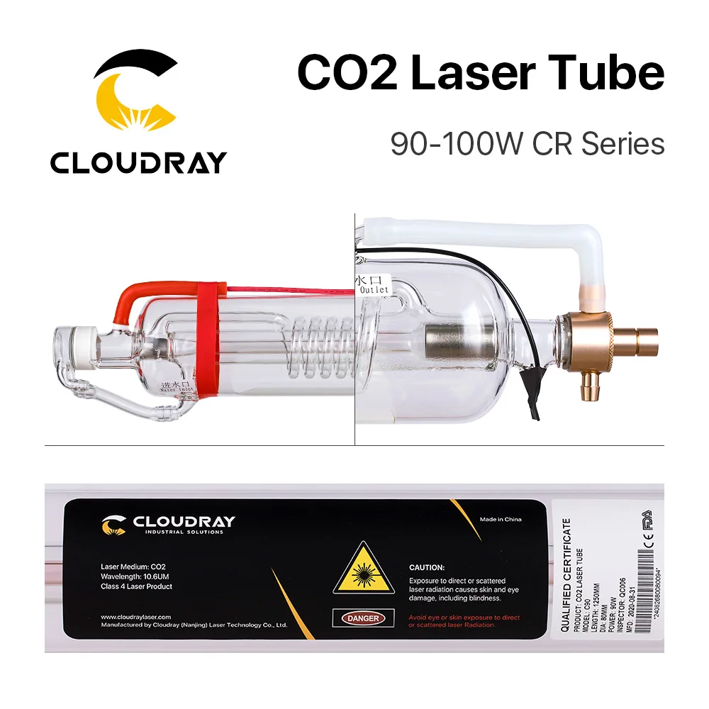 Cloudray 90W CO2 Laser Tube CR90 Length 1250mm Dia.55mm 80mm Upgraded Metal Head Glass Pipe for CO2 Laser Machine