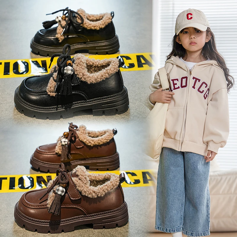 

Детская кожаная обувь, детская обувь принцессы в британском стиле, замшевая теплая мягкая подошва, зима 2024, повседневная обувь для девочек, нескользящая обувь с круглым носком