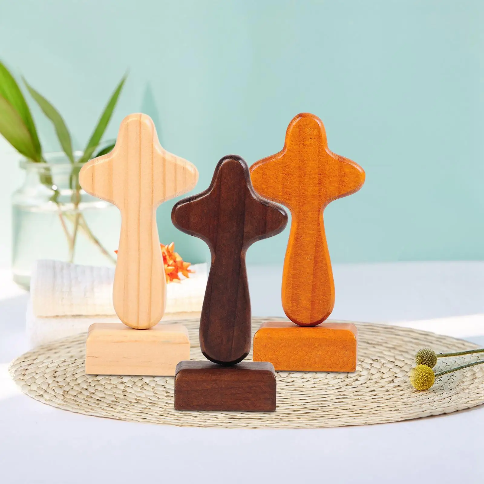 Prayer Cross Statue Collection Portable Gift Decoration Wood Figurine Sculpture