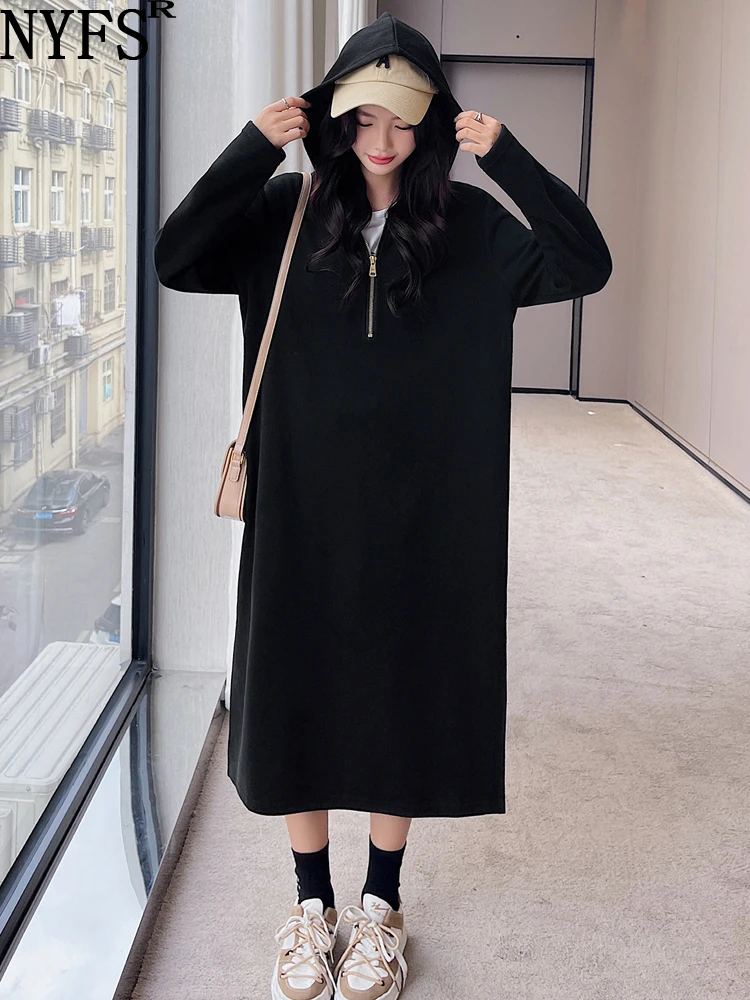 

NYFS 2023 Spring New Woman Dress Vestidos Robe Femme Elbise Loose Plus Size Solid Zip Hooded Long Dress