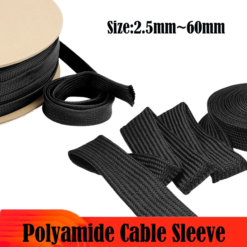 

Black Cable Sleeve 2.5mm-60mm High Density Polyamide Wire Protection Expandable Sheath Tight Nylon Braided Insulated Wrap 1~50M
