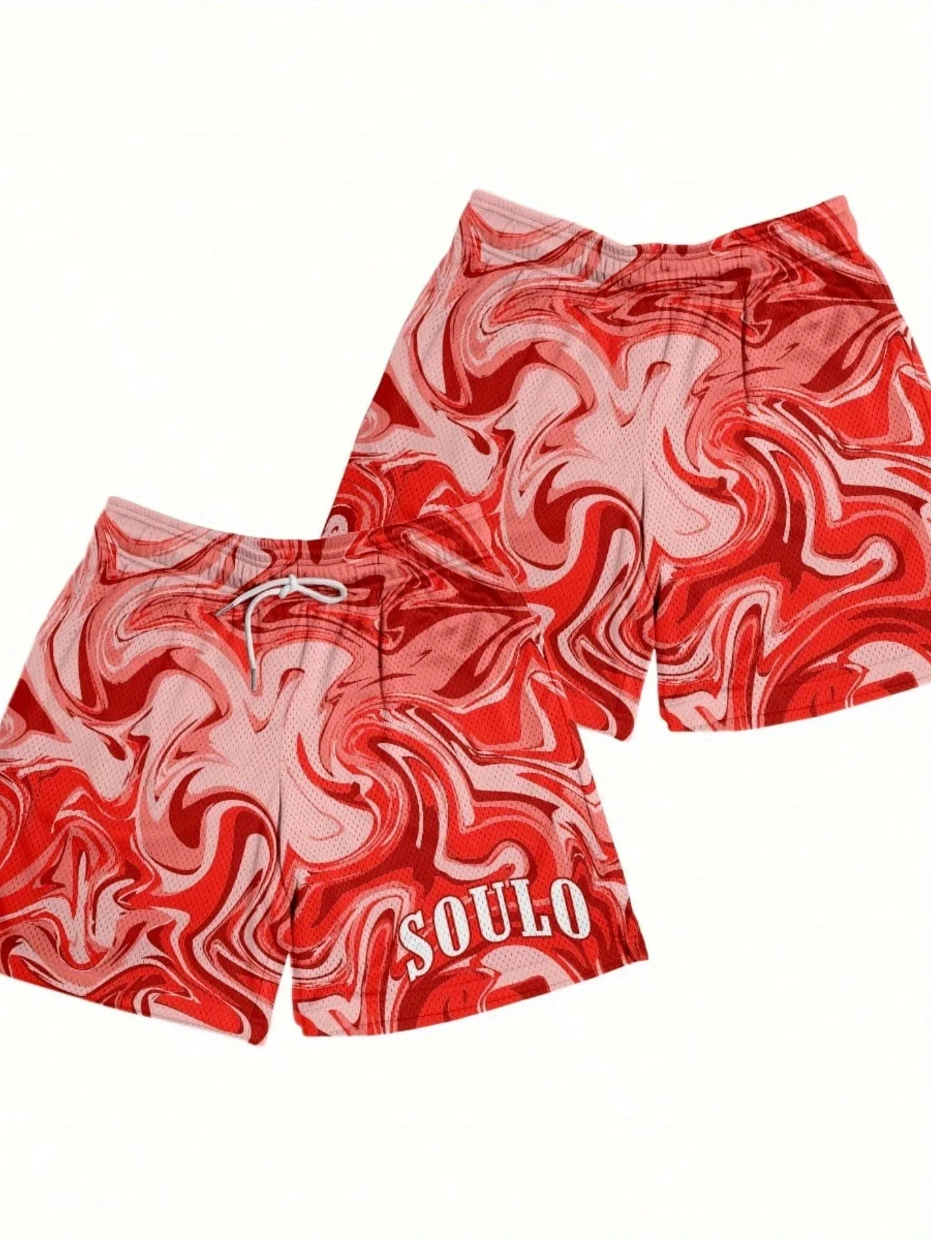 2026 New Red Pink Marble Swirl "SOULO" Print Mens Drawstring Shorts Running Workout Gym Sports Casual Street Short Pants
