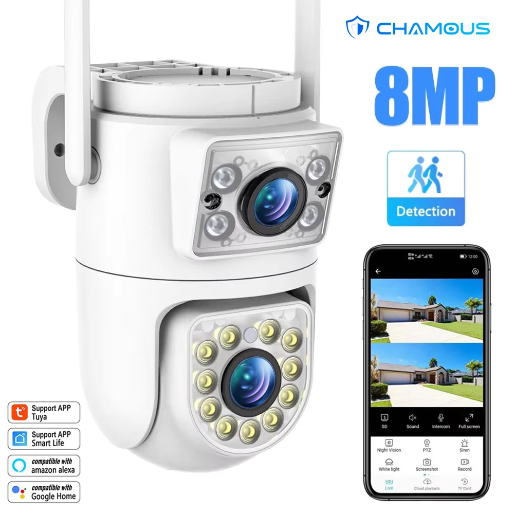 8MP Tuya IP Camera 2.4G/5G WiFi Binocular Cam Auto Tracking Smart Life Security Protection Outdoor Camera Video Surveillance Cam