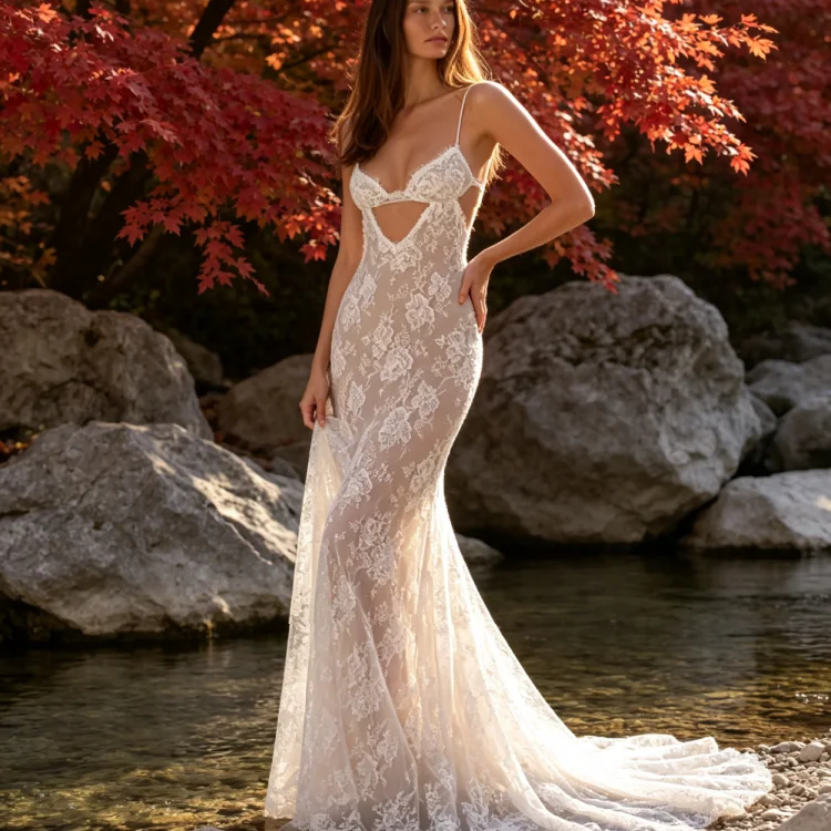 Customized  Bohemian Fit Mermaid Lace Wedding Dress 2026 Thin Straps Cutout Open Back Sheer Floor Bride Romantic Ceremony Outfit