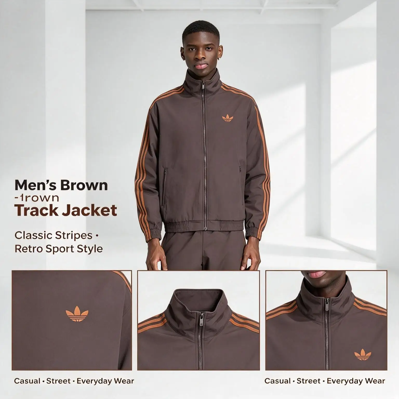 Chaqueta deportiva de hombre Adidas FIREBIRD WVN TT KS7492, con cuello alto y diseño de trébol, ideal para practicar fútbol.