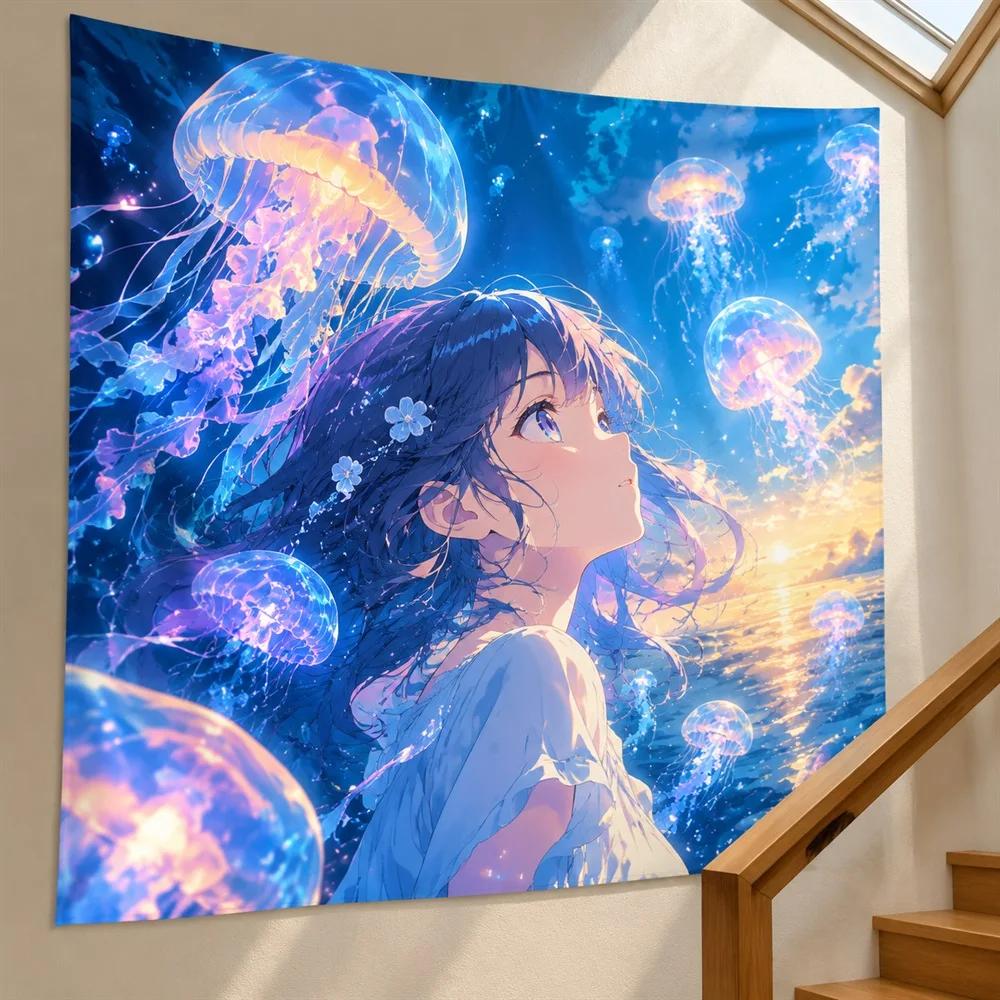 VIKAMA Glowing Jellyfish Anime Tapestry Wall Hanging, Dreamy Anime Wall Decor Tapestries for Bathroom Bedroom Living Room Study