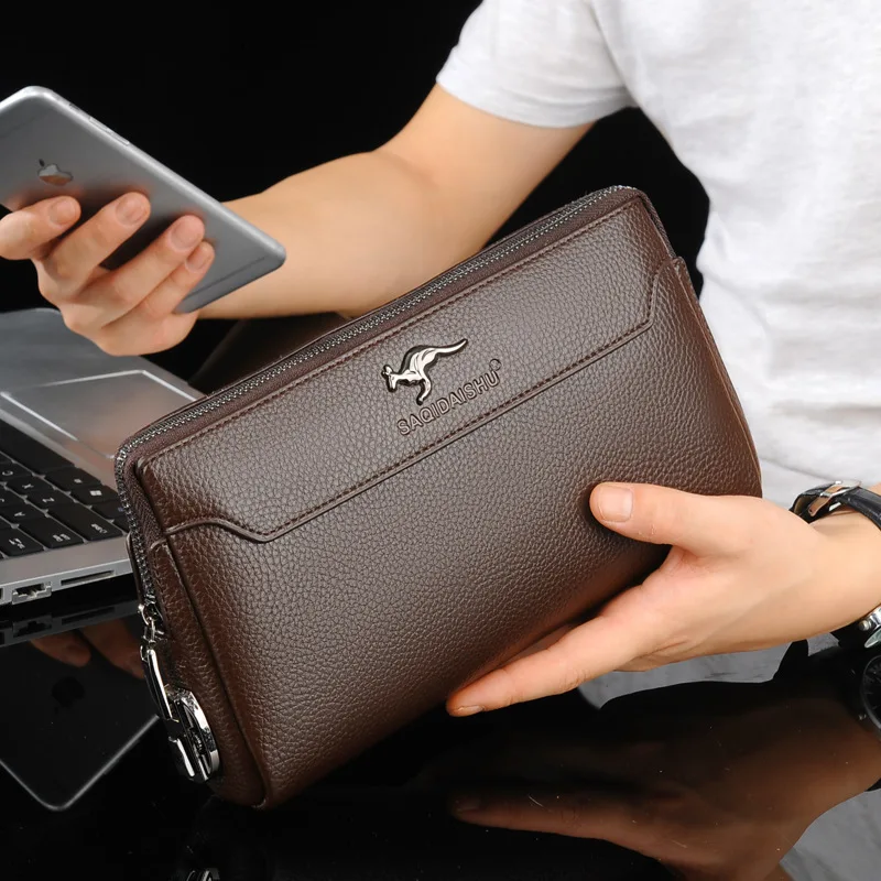 Men's Luxury Leather Clutch Bag, Business Zipper Wallet with Square Card & Passcard Holder, Fashion Phone Pouch Handbag