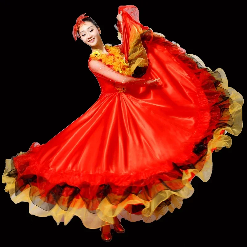 Vestido Espanhol de Dança Flamenca, Saia da Barriga, Fato de Prática, Balanço Grande Longo, Performance Cigana, Novo, 360 °, 540,720 Graus