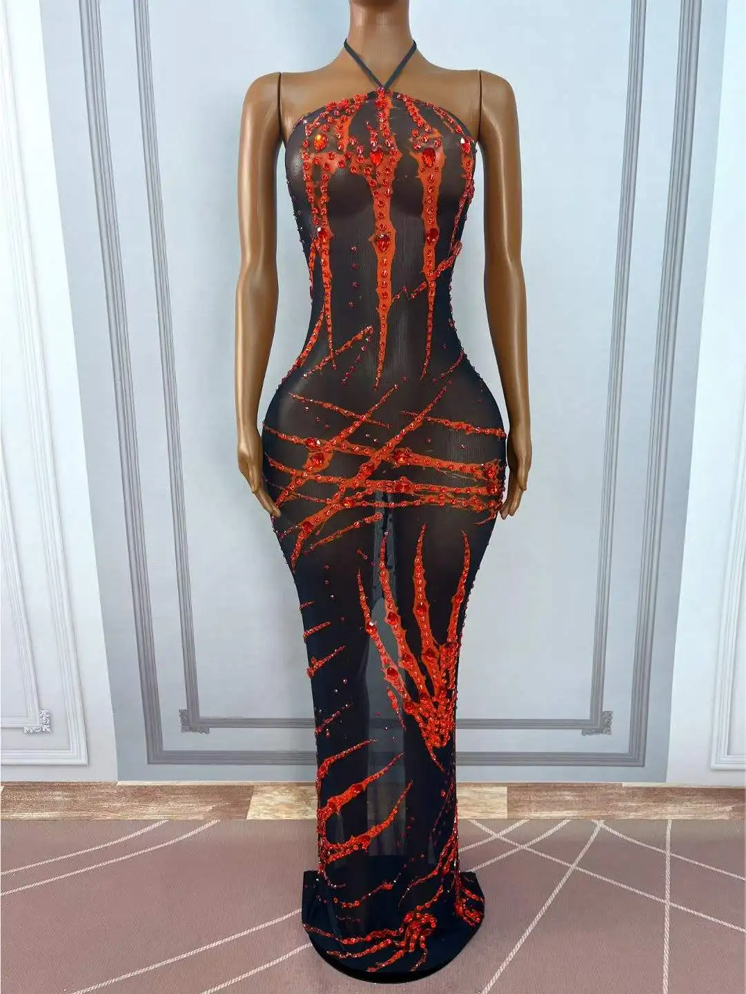 Sexy Shining Rhinestones Mesh Bandage Dress Halloween Birthday Party Celebrate Outfit Fashion Show Photo Shoot Stage Wear - view 6