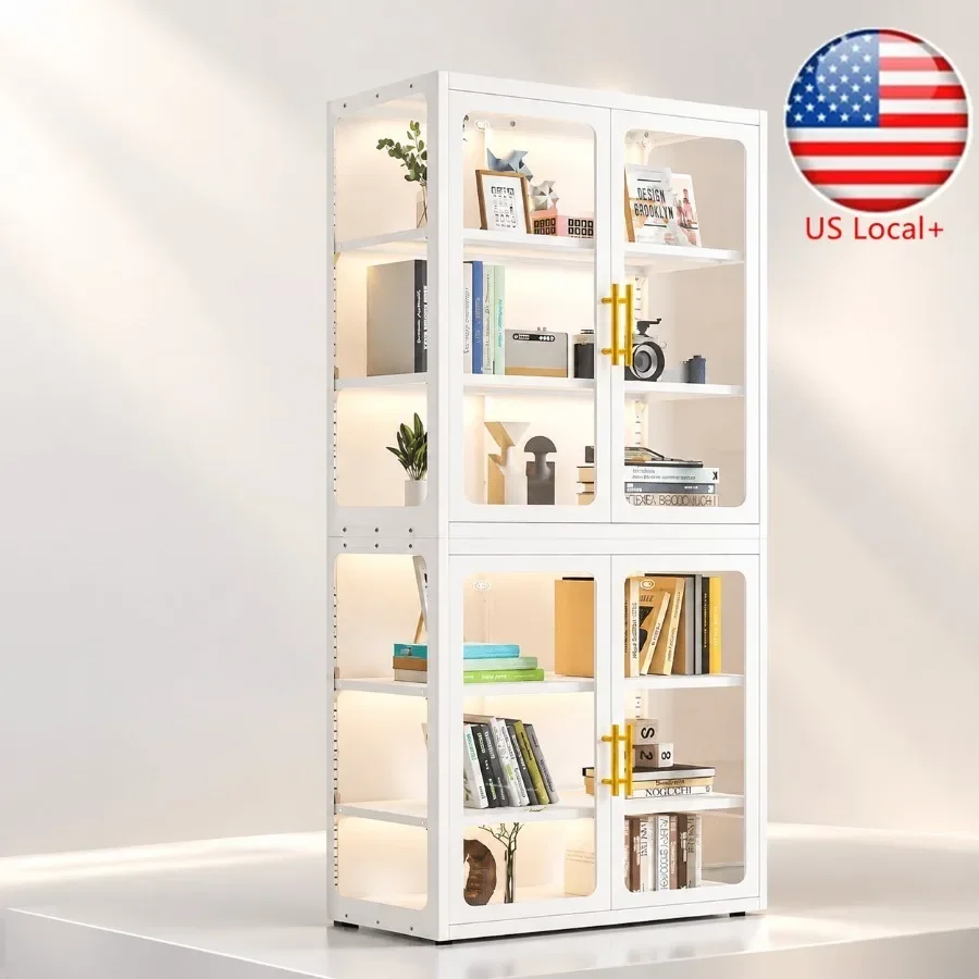 Display Cabinet with Glass Doors for Collectibles and Books, White Metal Curio Cabinet with Multi-Color LED Lights, 6-Tier 67 H