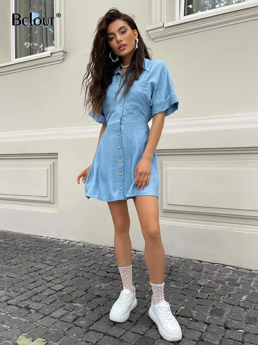 Bclout Fashion Ruched White Dress Women 2024 Summer Short Sleeve Pockets A-Line Dresses Fashion Solid Party Mini Dress Clothing