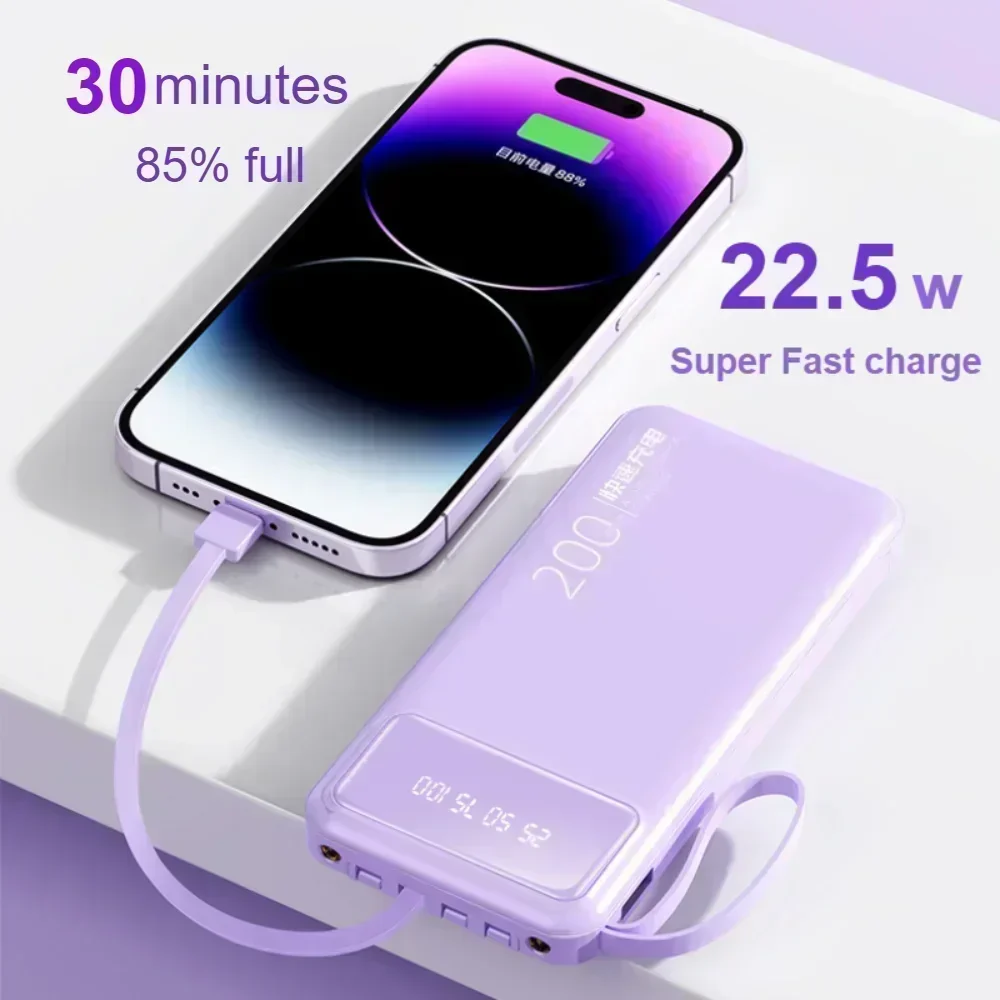 200000mAh Large Capacity Battery PD22.5W Super Fast Charger Outdoor Portable Charger Built-in 4Cables Supports multiple devices