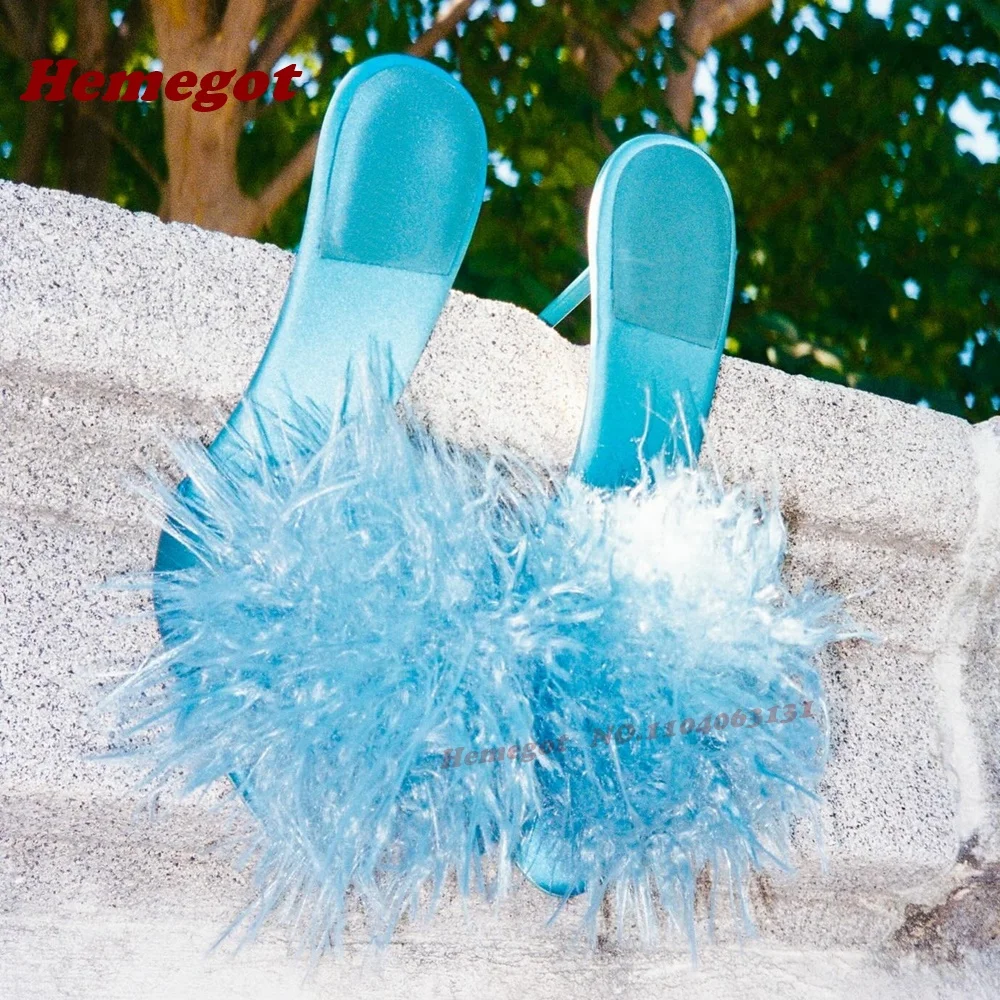 

Blue Fur Stiletto Heels Slippers Fluffy Open Toe Satin Slip On Women Mules Summer Solid Patchwork Cute Casual Shoes Luxury Sexy