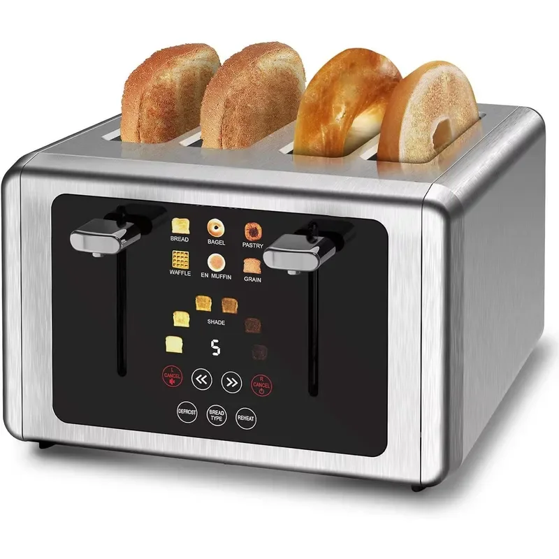 6 in 1 Intelligent Digital Screen Touch Control 4-Slice Smart Bread Toaster Stainless Steel with Audio Timer & 6 Shade