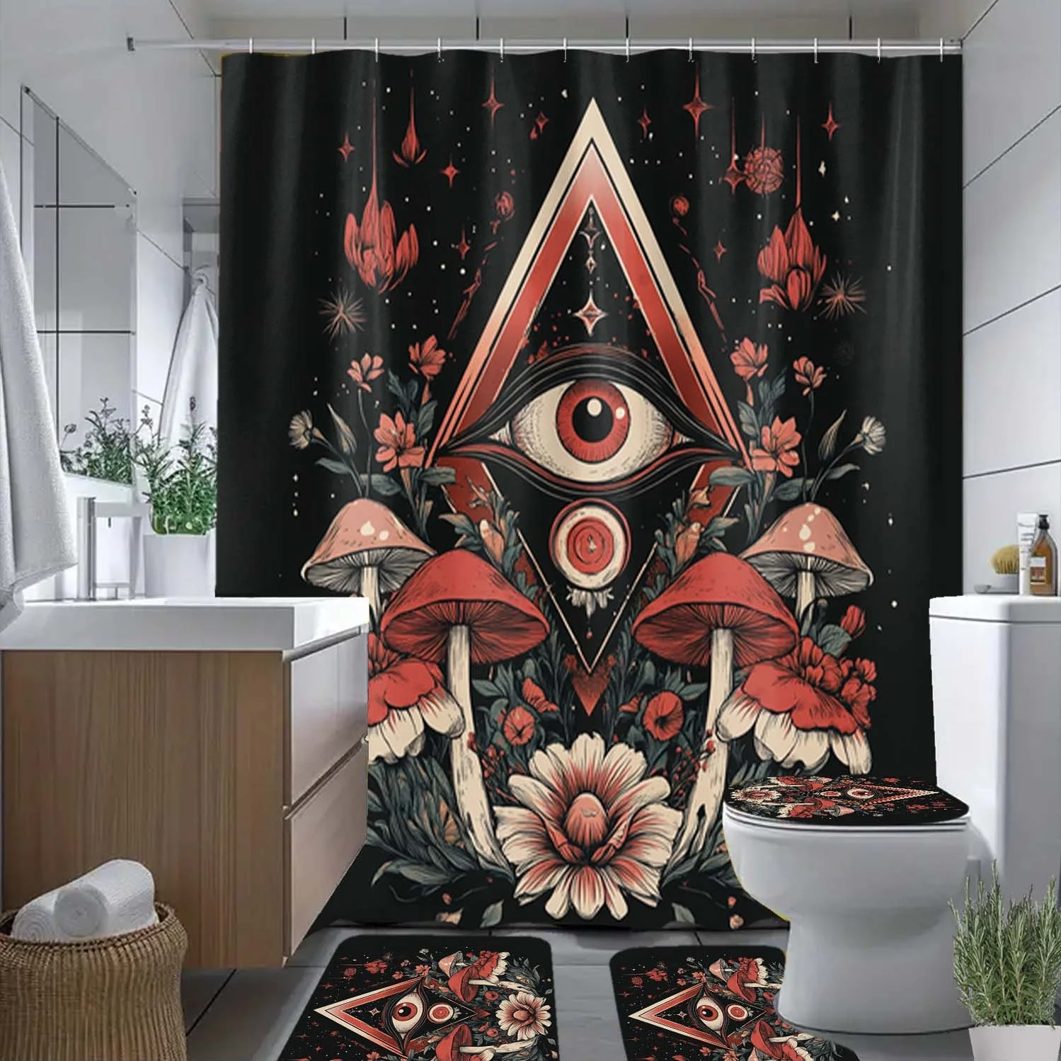 

4pcs Eye, Mushroom, Flower Pattern Shower Curtain with Hook, Bathroom Partition Curtain, Bathroom Accessories, Home Decorati
