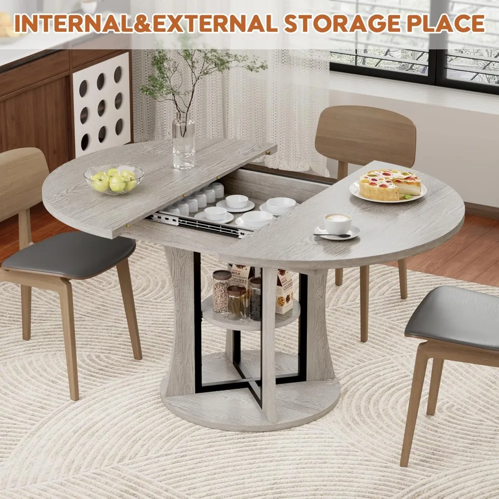 adjustable round dining table for 4-8, kitchen table with expandable storage, space-saving circular table