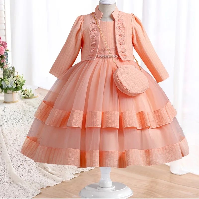 2024 New Baby Dress Long sleeved Birthday Party Elegant Evening Dress Performance Fluffy Girl Princess Dress