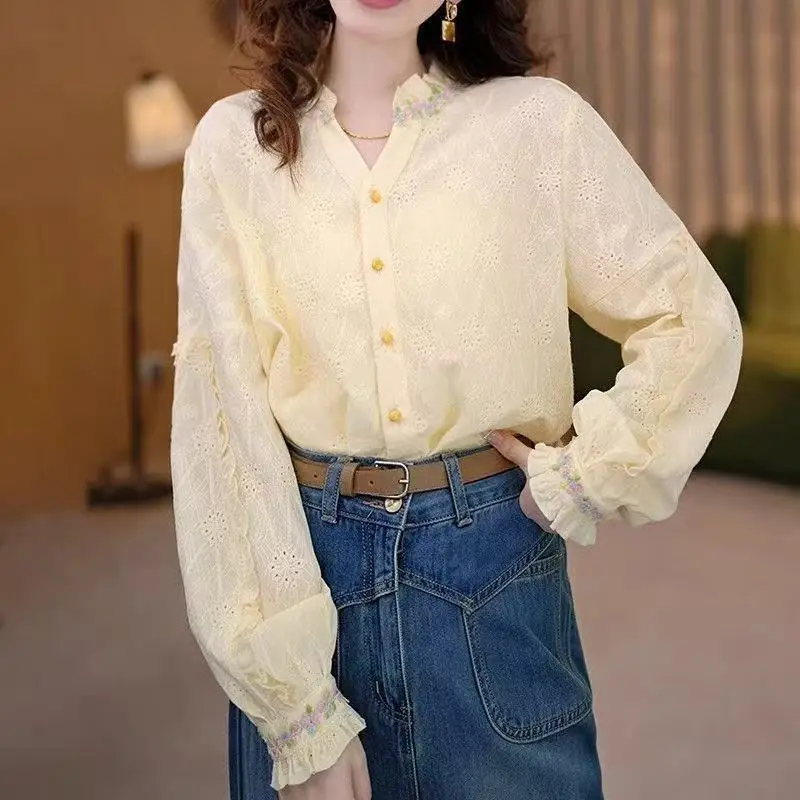 Womens Spring Port Vintage Wood Ear Edge Flower Blouse Chic Unique Pretty Cardigan Shirt