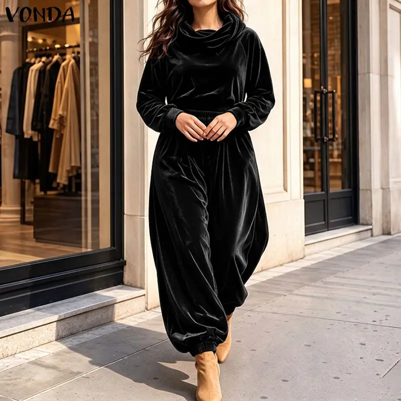 VONDA 2PCS Autumn Women Pant Sets Two Piece Outfits Long Sleeve Tops Blusas Long Pants Casual Matching Sets Streetwear