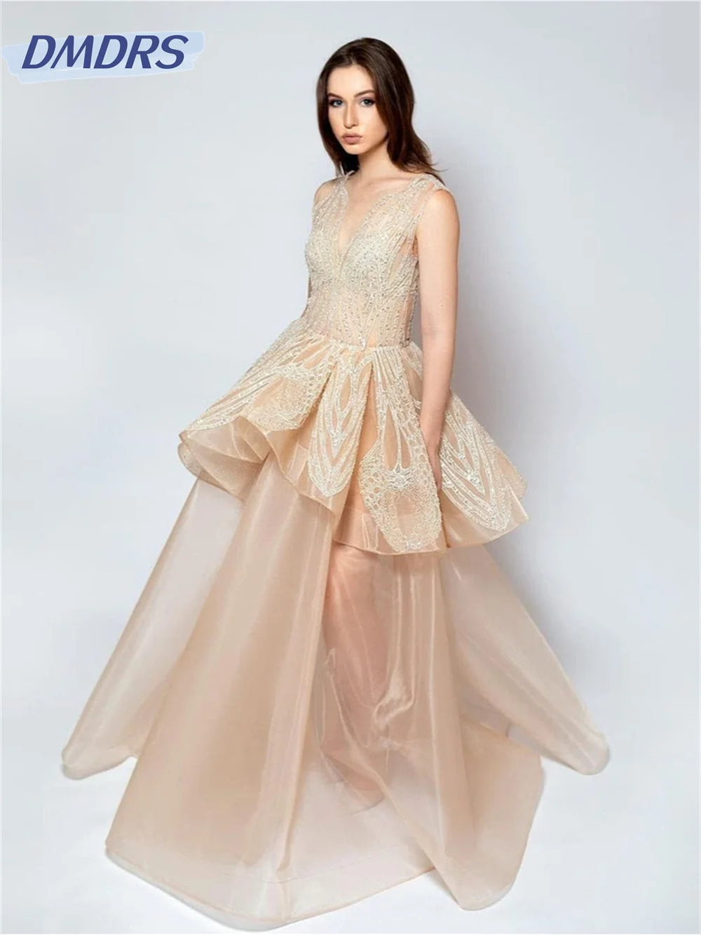 Robe de soirée en tulle transparent, sexy, élégante, col en v, simple, longueur au sol, quelle que soit la collection 2024