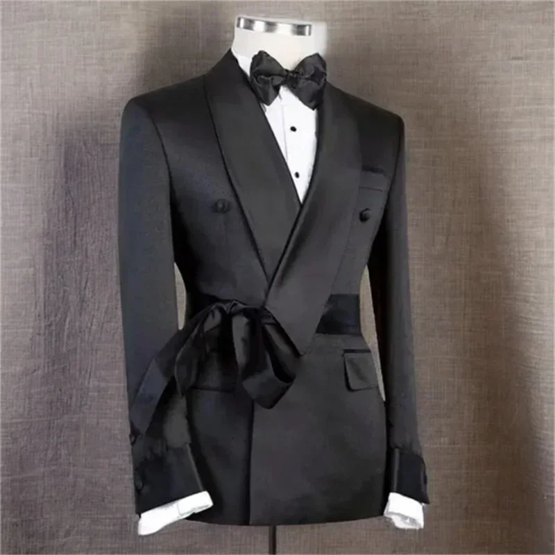 Formal Men Suit Jacket with Belt 2024 Single 1 Piece Slim Fit Male Blazer with Double Breasted Fashion Wedding Suit Coat