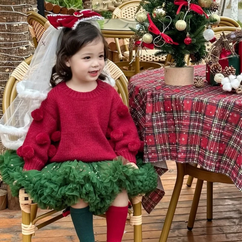 

2025 Autumn and Winter Girls' Mohair Polo Ball Christmas Atmosphere Solid Color Round Neck Sweater