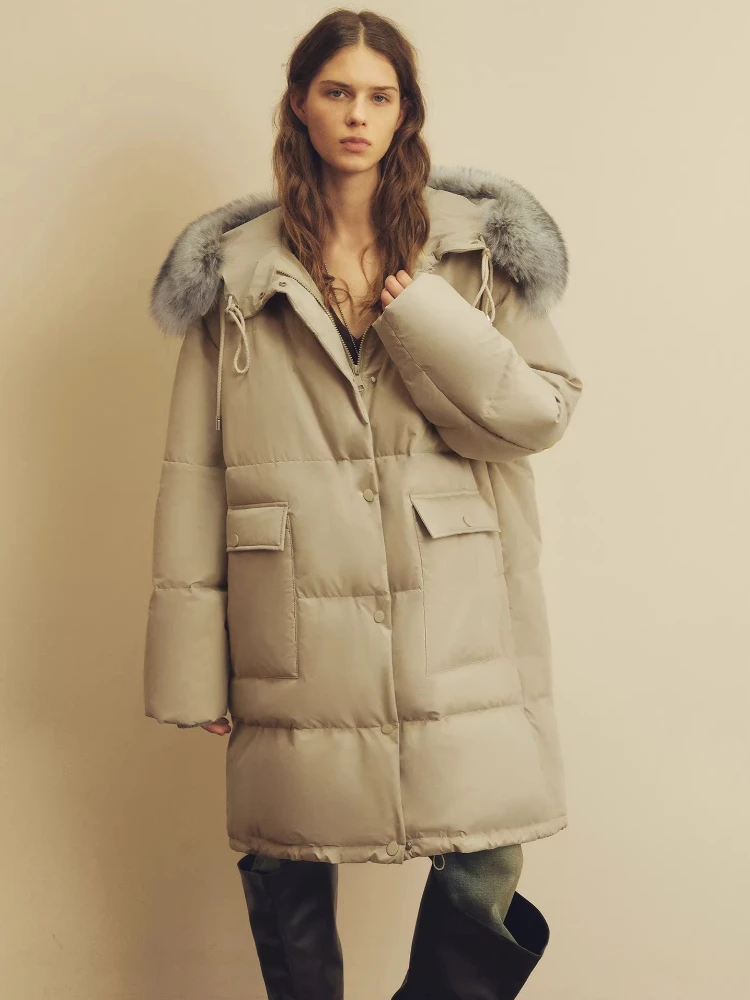 

Natural Fox Fur Collar Goose Down Jackets for Women 2026 New High-end Simple Classic Loose Warm Hooded Long Winter Down Coat