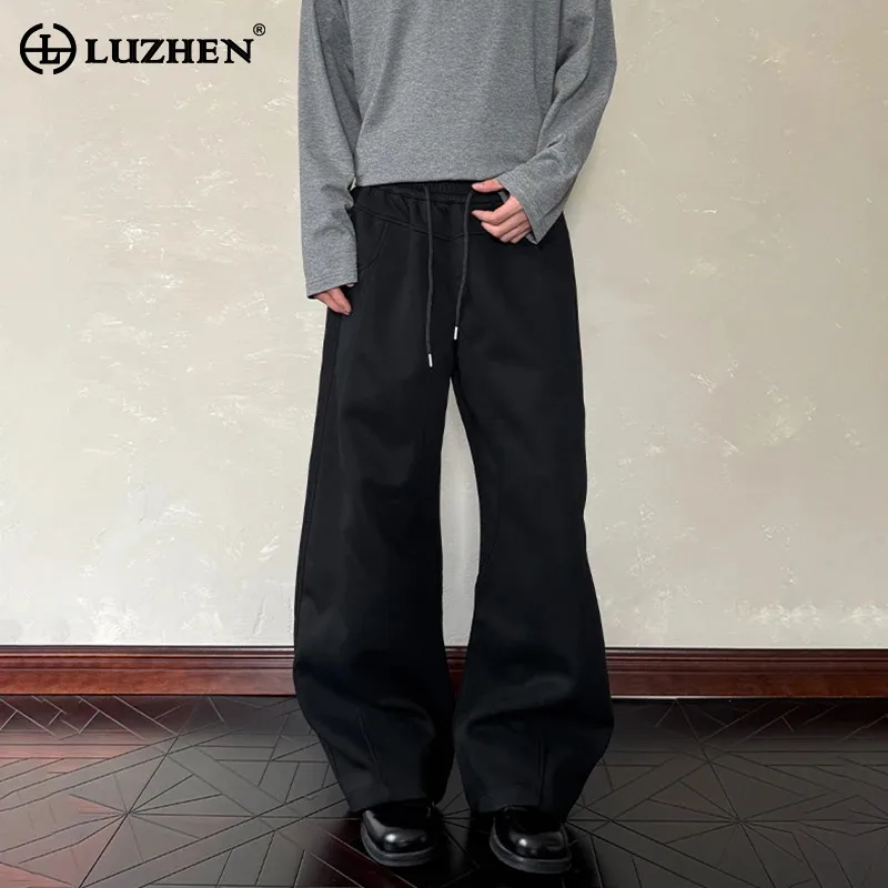 

LUZHEN Drawstring Elastic Waist Design Loose Straight Trousers Men's Fashion Solid Color Handsome Wide Leg Casual Pants JY4295