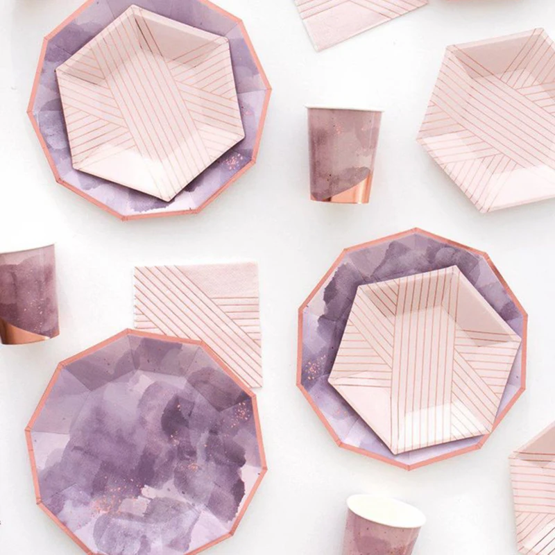Lila Aquarell Einweg geschirr Goldfolie gestreifte Papp teller Tasse Serviette Geburtstag Hochzeits