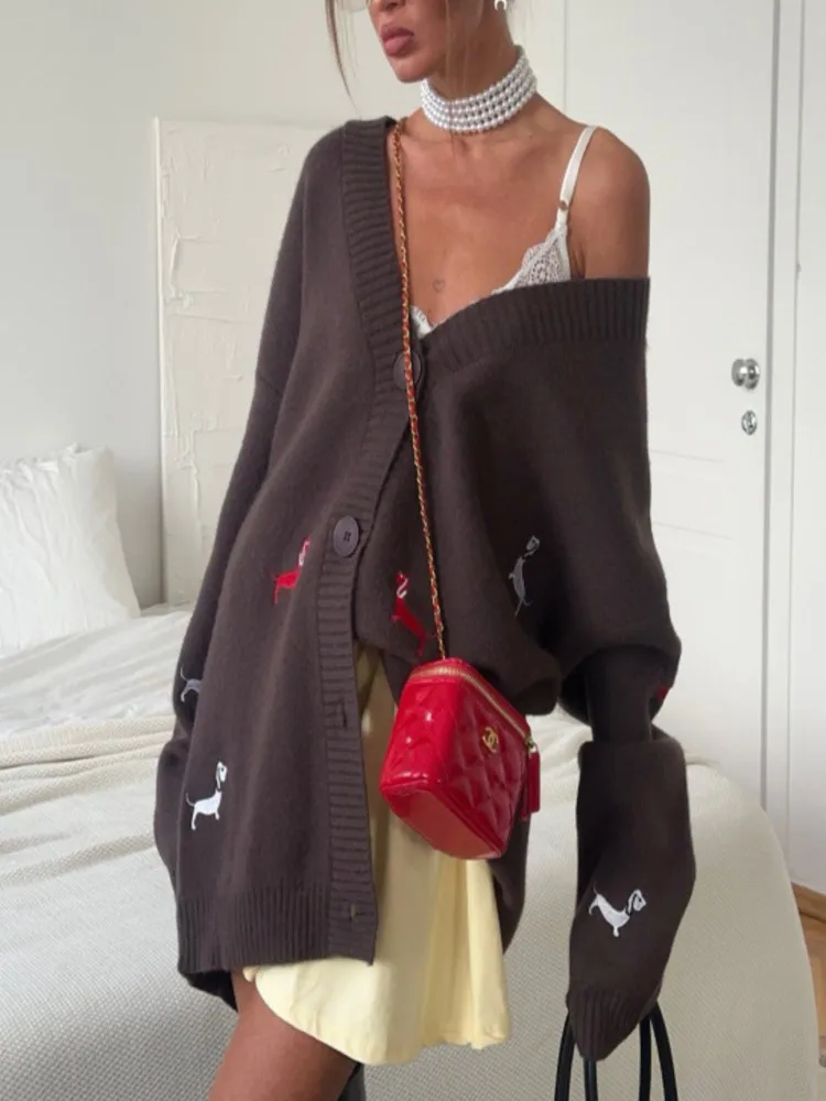 

New Autumn Winter Sausage Puppy Embroidery Loose Long Sleeve Women Knitted Cardigan, Fashion Casual Lady Coat, Women Clothing