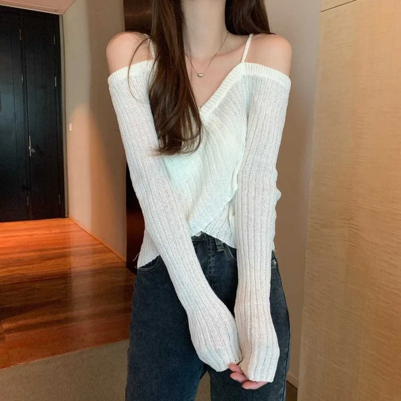 

Свитера с открытыми плечами, женские корейские осенние уютные эластичные стильные пуловеры в стиле Харадзюку, удобные женские популярные однотонные пуловеры