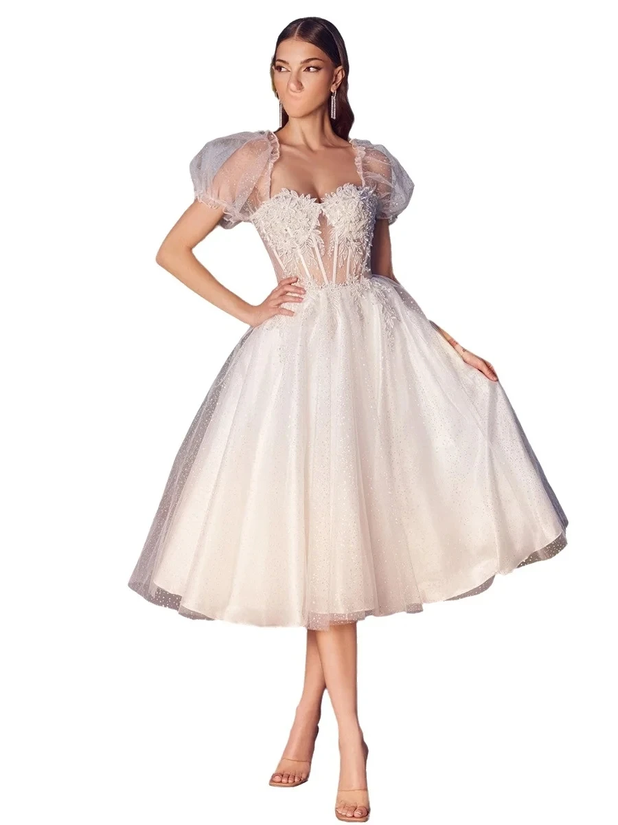 

New Short Sequins Wedding Dress Sweethart Short Sleeves Lace Appliques Beach Bridal Bride Party Gown Vestido de Novia