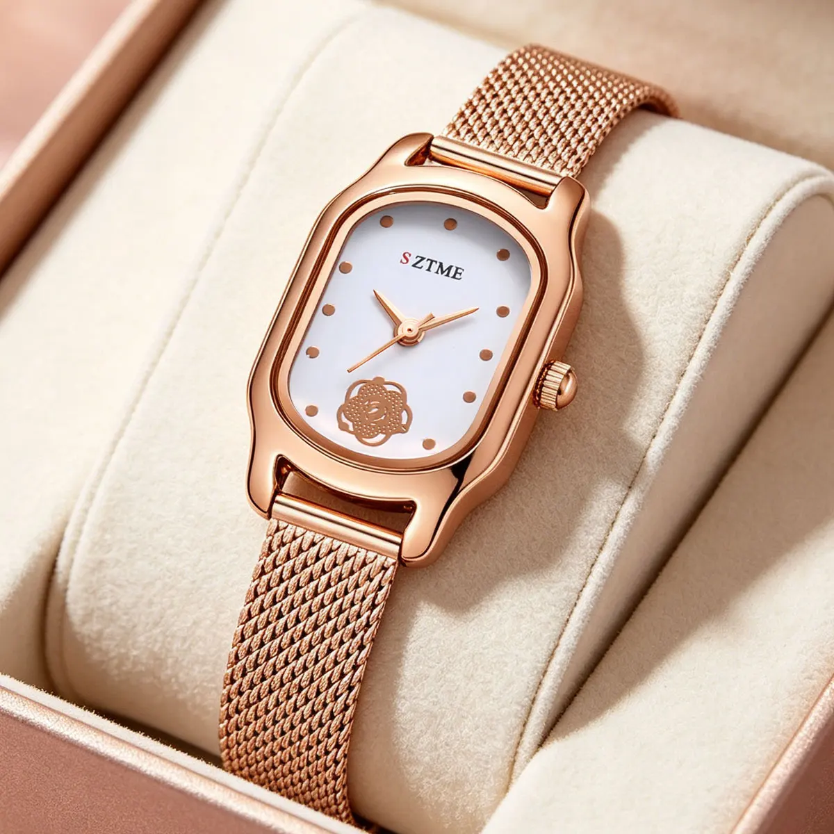 Rose Gold Rectangle Luxury Women's Watch Milanese Mesh Band Floral Scale Versatile Fashionable Compact Simple Ladies' Wristwatch
