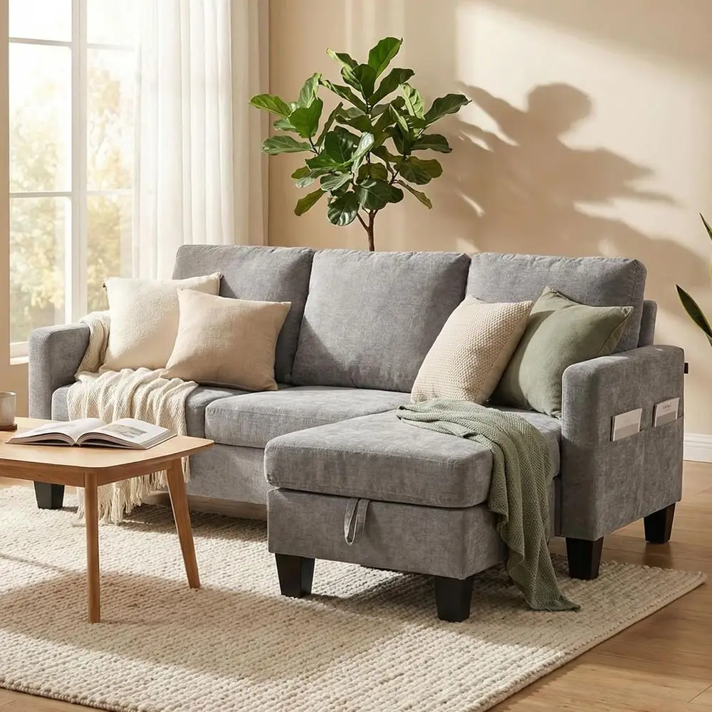 

Небольшой 3-местный диван с пуфиком для хранения вещей, компактный диван для небольшого пространства, ткань из синели, каркас из массива дерева, боковым карманом и ст.