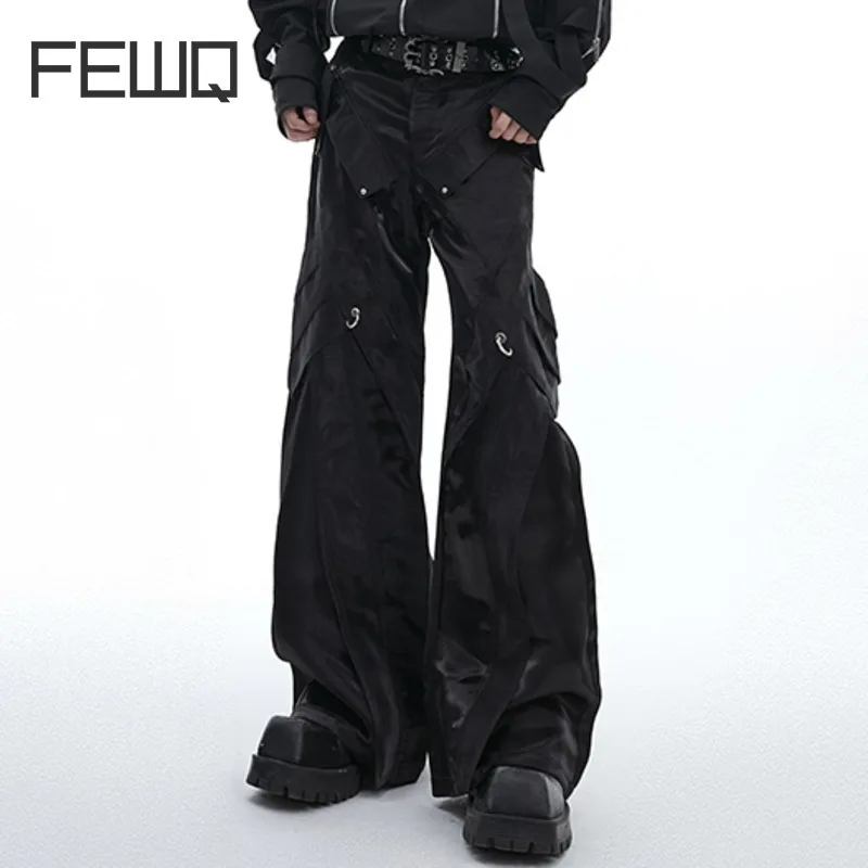 FEWQ Niche Glossy Deconstruction PU Leather Pants Metal Buckle Casual Pants 2024 Darkwear Male Trousers Fashion 24E1826