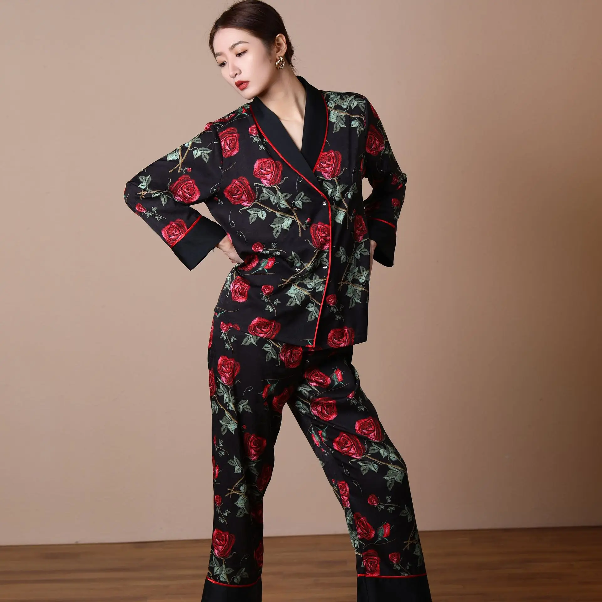 

Satin Pajamas for Women Outfits Suit Long Sleeve Pants Sleepwear Rose Print Loungewear Women 2 Piece Pijama Set Pijama Mujer Pjs