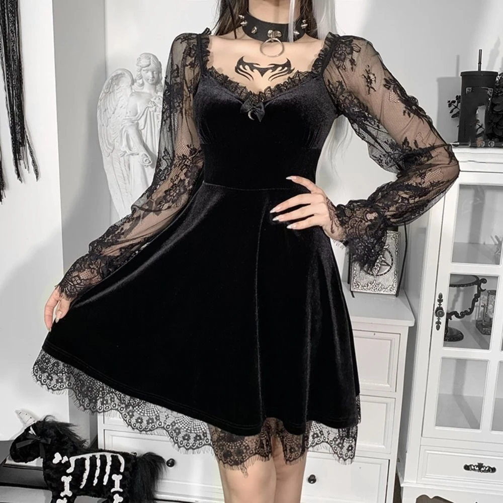 Transparent Long Sleeve Ruffle Mini Dress Vintage Flocking Lace Trim Bodycon Dress Patchwork V Neck Gothic Dress Women Y2k