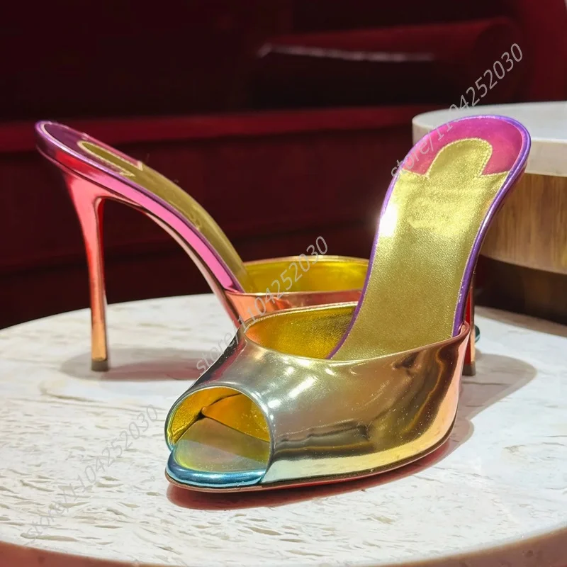 

Rainbow Patent Leather Gradient Peep Toe Heels Girls Cute Slippers Slingback Open Sandals Gold Leather Mirror Sexy Women Shoes