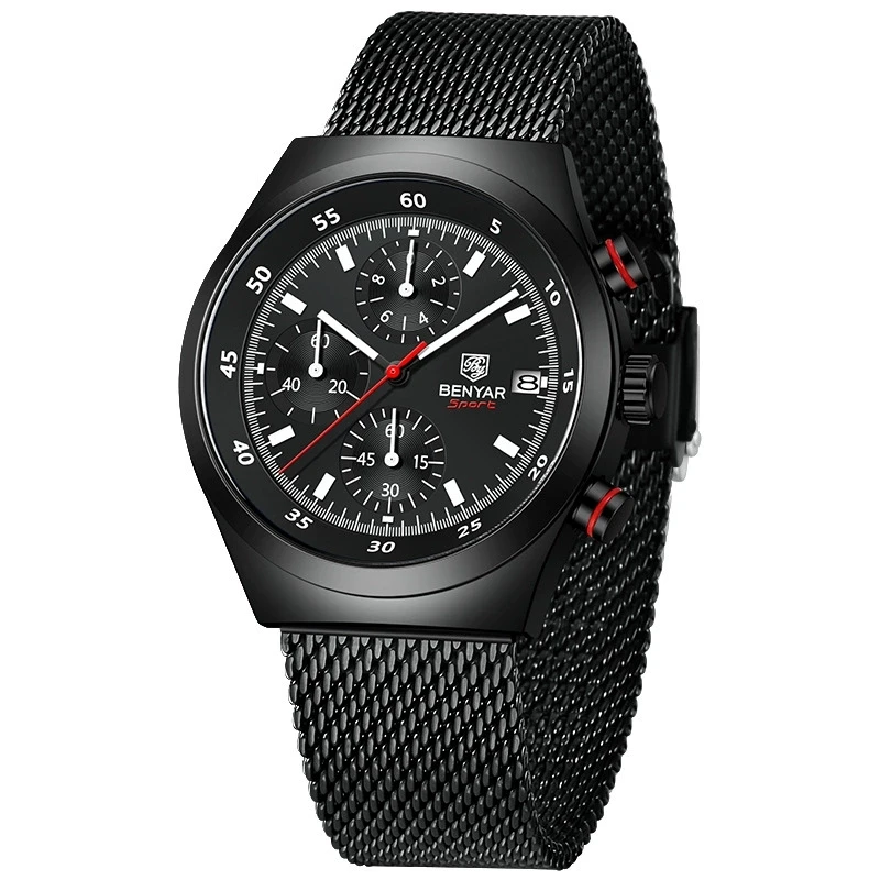 BENYAR 5200 Men's Watch Quartz Simple Design Waterproof Chronograph Sports Watch Luminous Timer Stopwatch Business Watch for Men