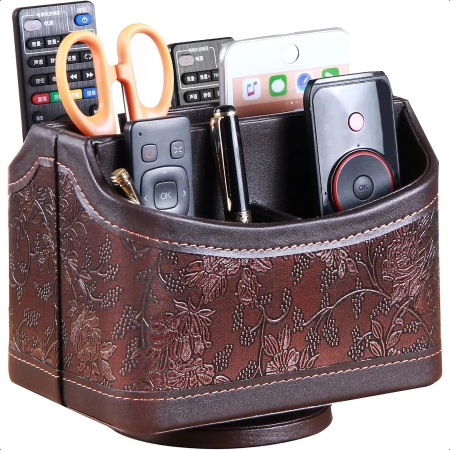 

Leather 360°Rotatable Remote Control HolderNightstand TV Remote Caddy Office Supplies Desktop Organizer Spinning Storage Box fo