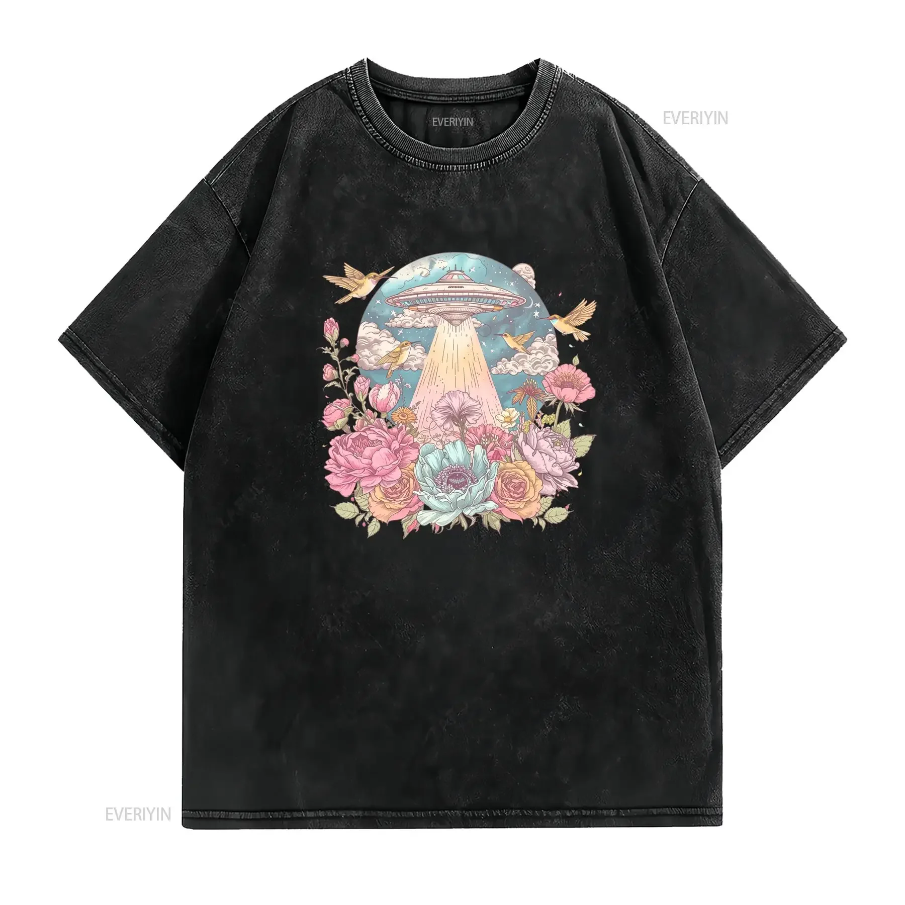 UFO T Shirt Floral Abduction Alien Spaceship Flowers Natural Beige Color Cotton vintage Washed Comfortable Breathable graphic