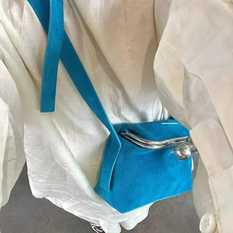 

New Blue Korean Style Crossbody Bag Hasp Chic Design Lady Shoulder Bag Faux Suede Retro Handbag Cute Small Square Bag For Women