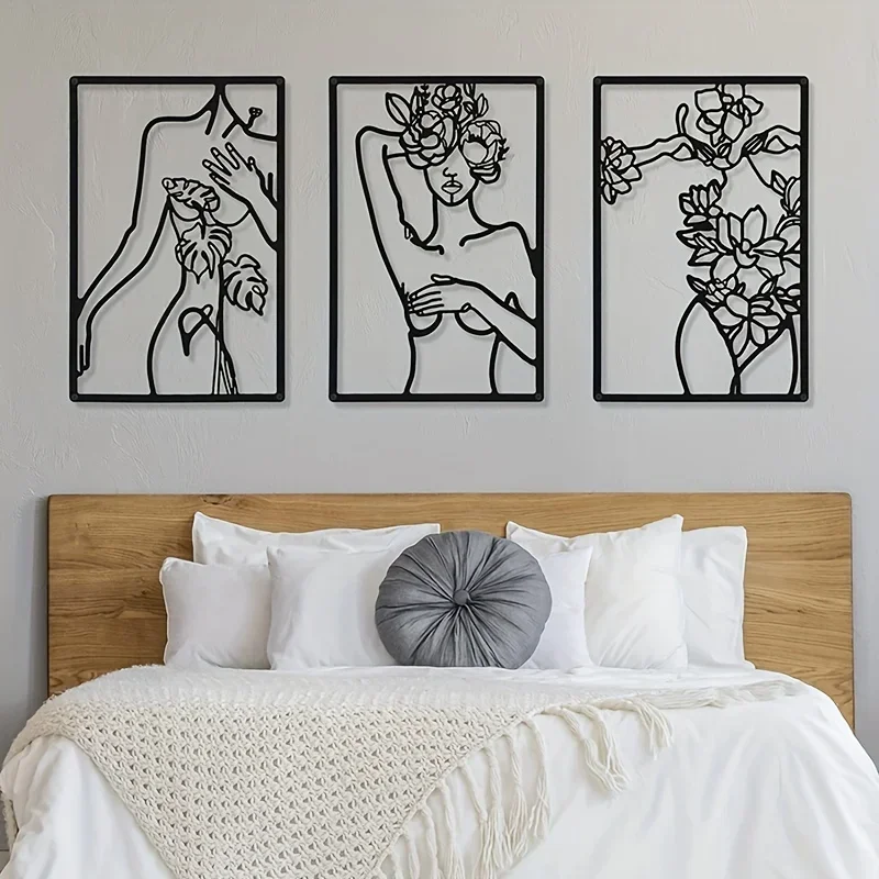 HELLOYOUNG 3pc Metal Minimalist Abstract Woman Wall Art Drawing Home Decor Bedroom Kitchen Bathroom Decor Metal Wall Hanging Dec