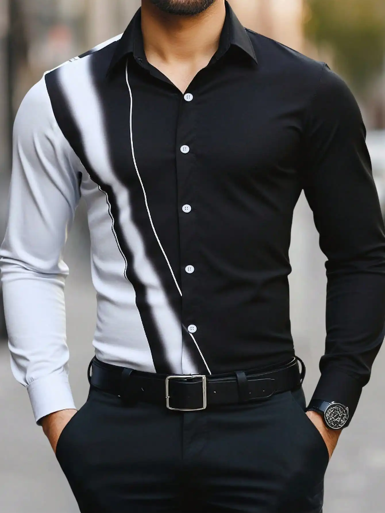 

Men's Black and White Contrast Stripe Button-Up Long Sleeve Casual Business Shirt