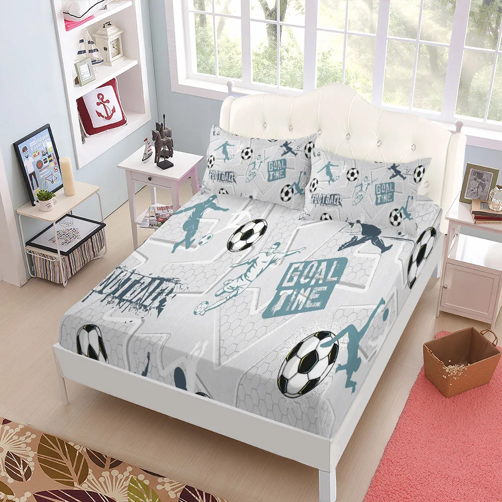 Goal Time Soccer Children Fitted Sheet Set King Queen Double Full Size Bed Linen Set