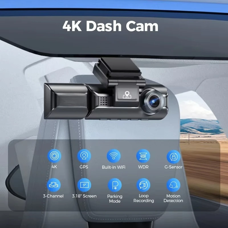 Max 4K Dashcam Built-in Wifi GPS for Car Cam Front 4K and Rear 2K with Cabin 1080P Car Camera Dash for Car Black Box