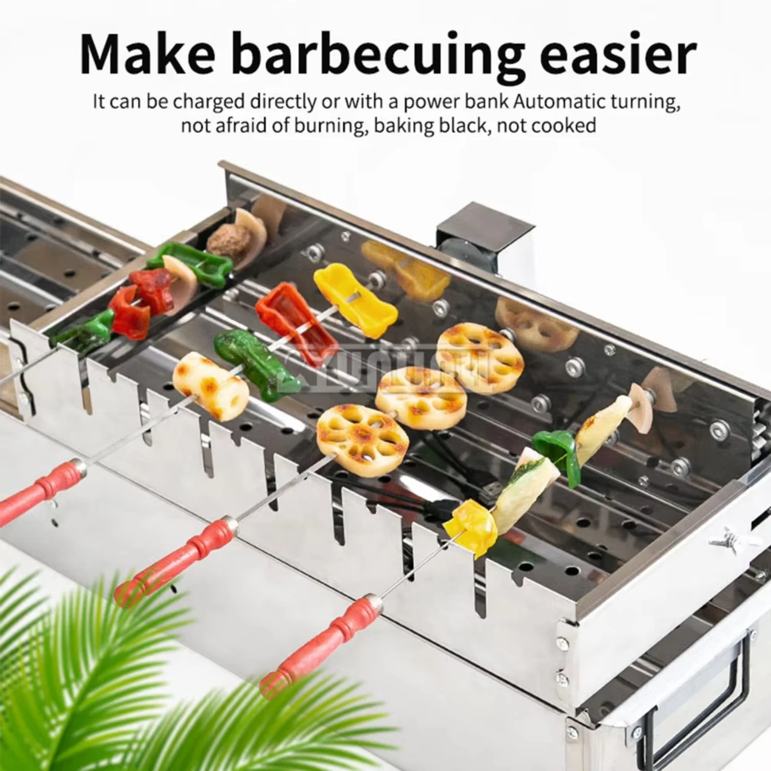 Pemanggang portabel baja nirkarat otomatis membalik panggangan barbekyu 45cm 15 lubang mesin putar barbekyu Asador Giratorio Barbacoa