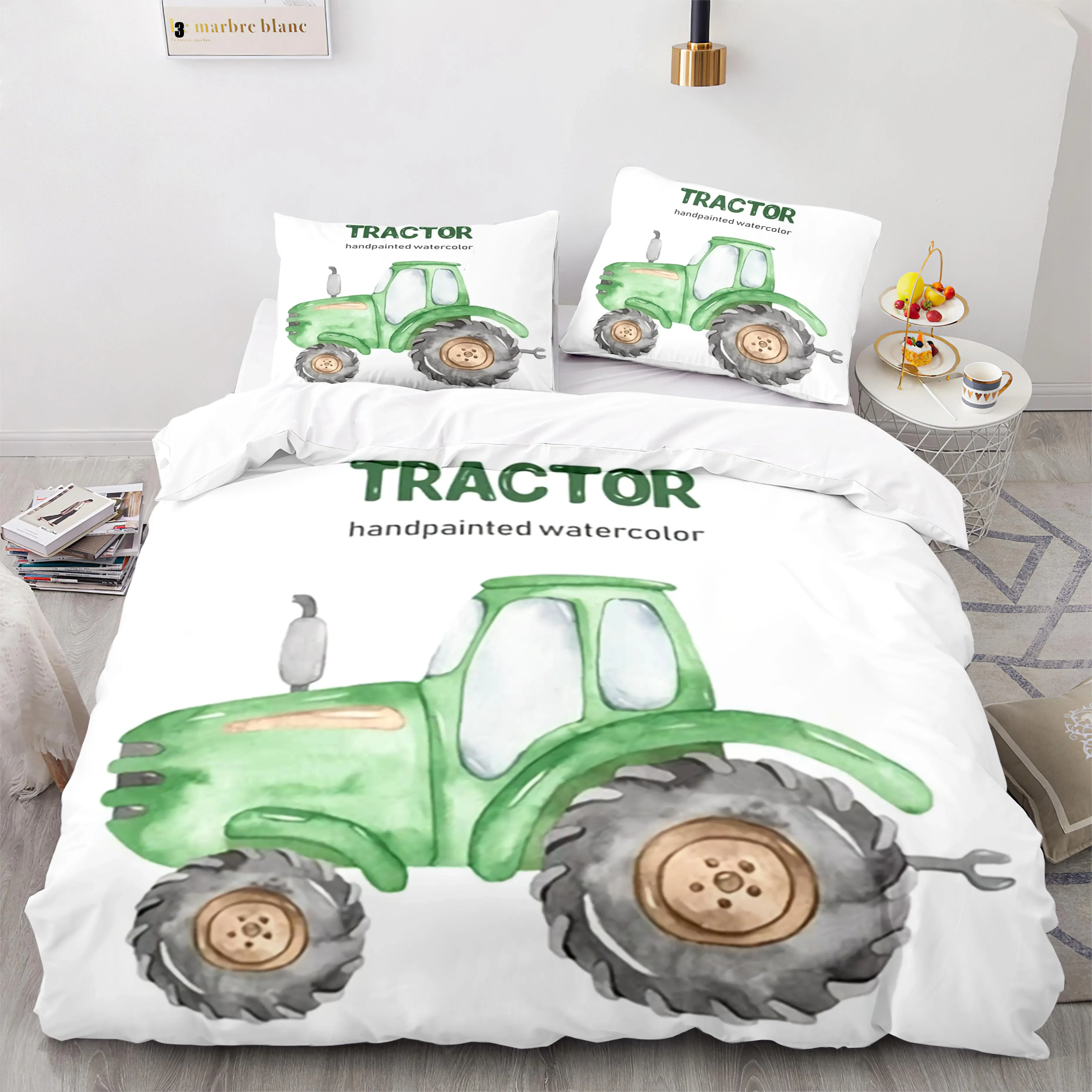 Cartoon Tractor King Queen Duvet Cover Watercolor Style Excavator Bedding Set for Kids Machinery Bulldozer Polyester Quilt Cover