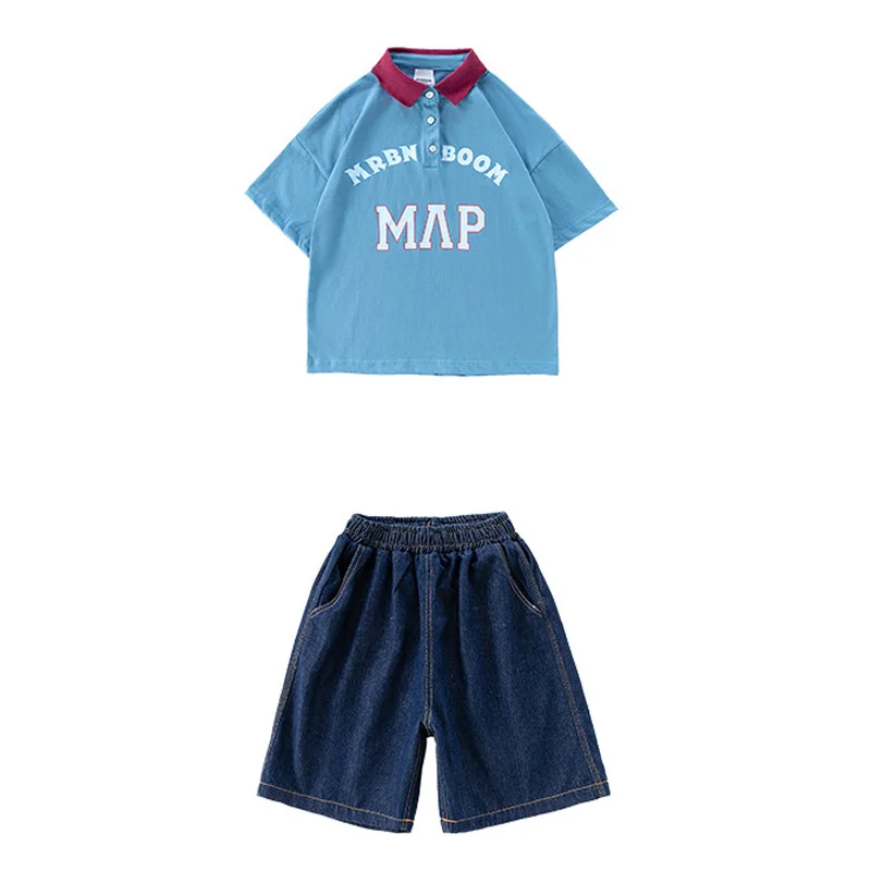 Crianças hip hop conjunto de roupas branco impressão azul polo topo rua jogger calças jeans shorts para meninas meninos jazz dança traje roupas